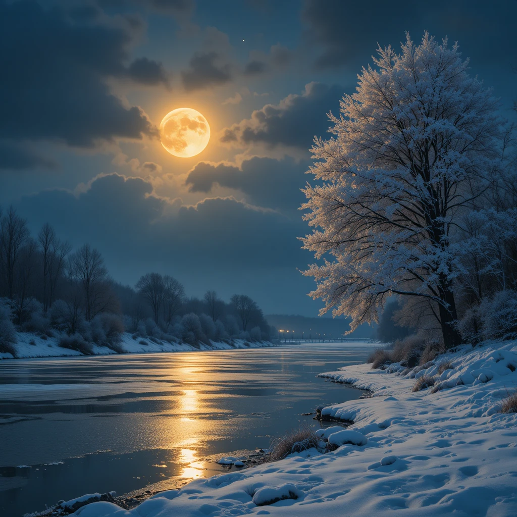 Full moon over a frozen winter river at night