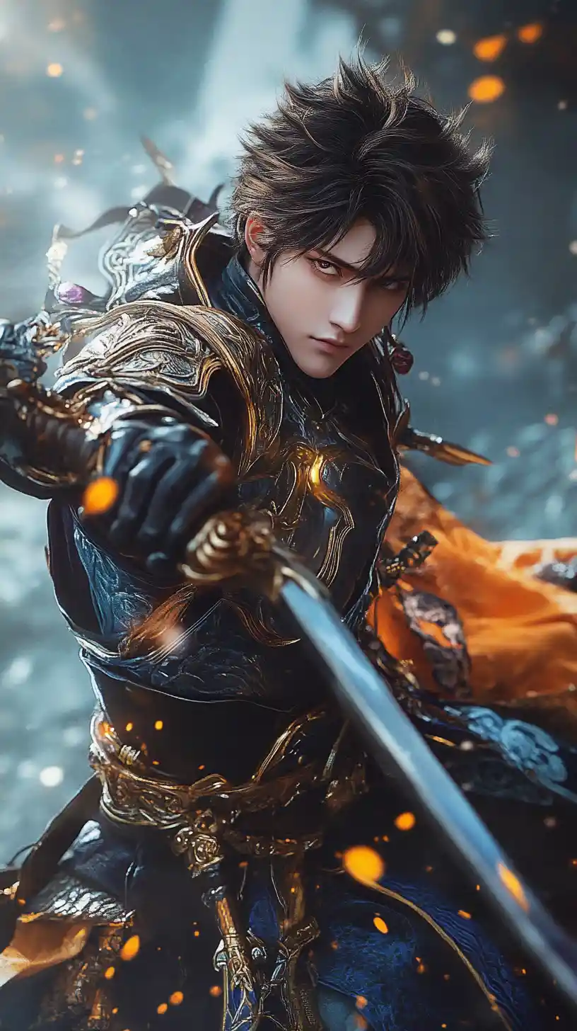 Guerrier de fantasy façon anime en pose de duel dramatique