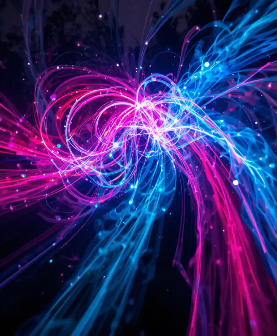 Bunte Neonlichter-Spuren, die sich im dunklen Raum drehen