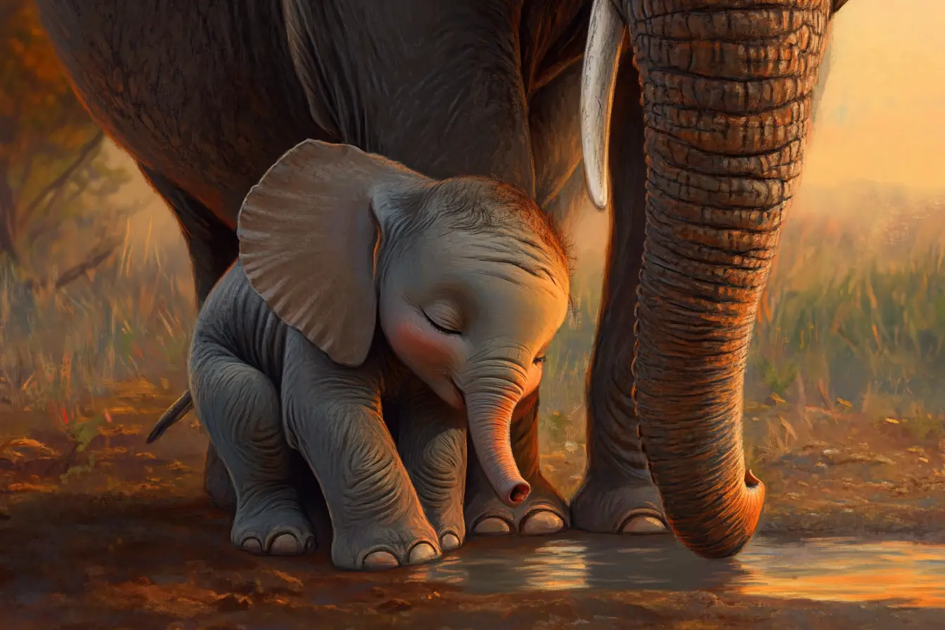 Baby elephant resting against mother at sunset watering hole