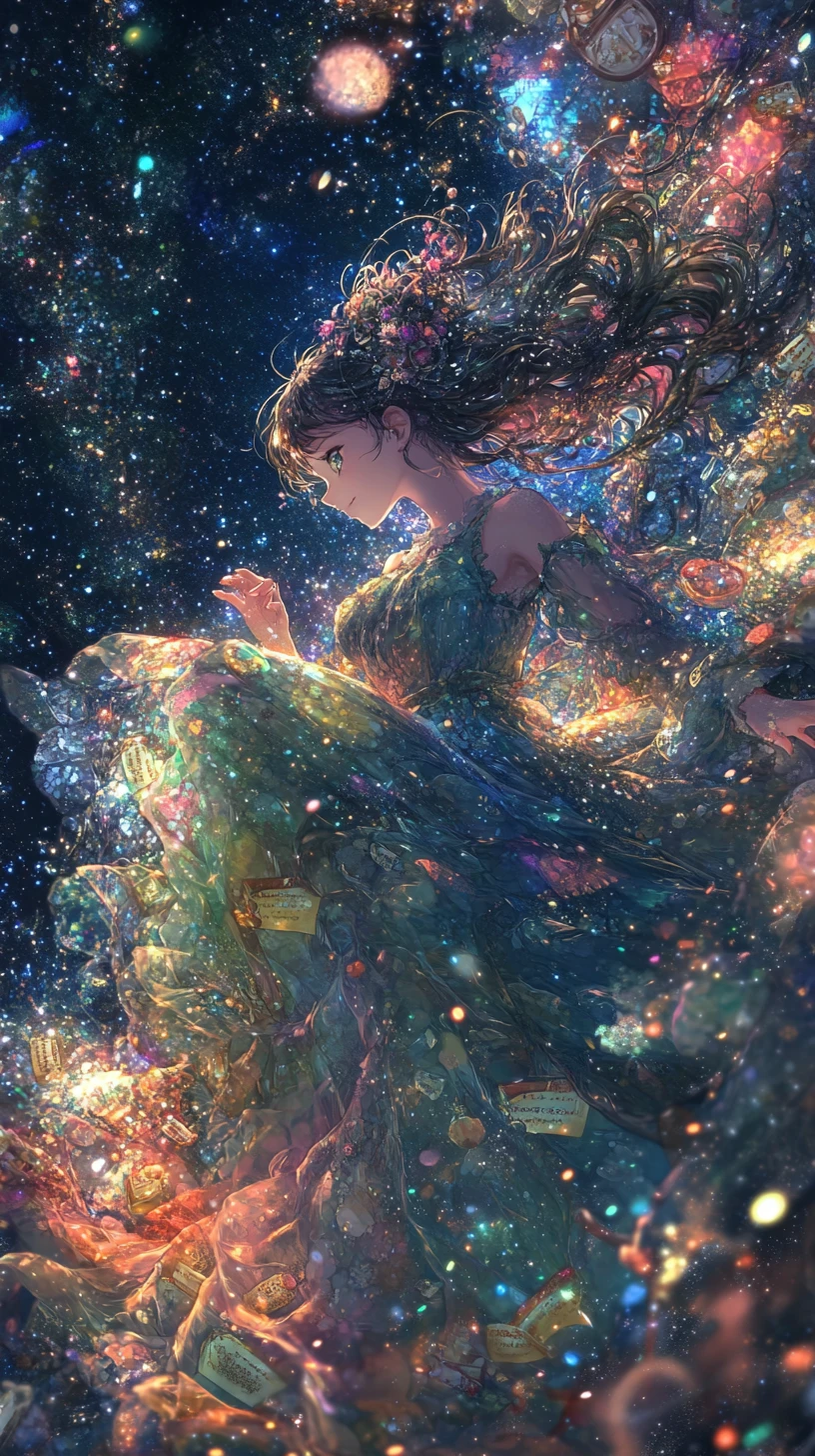Ragazza anime che danza in un regno di fantasia luminoso