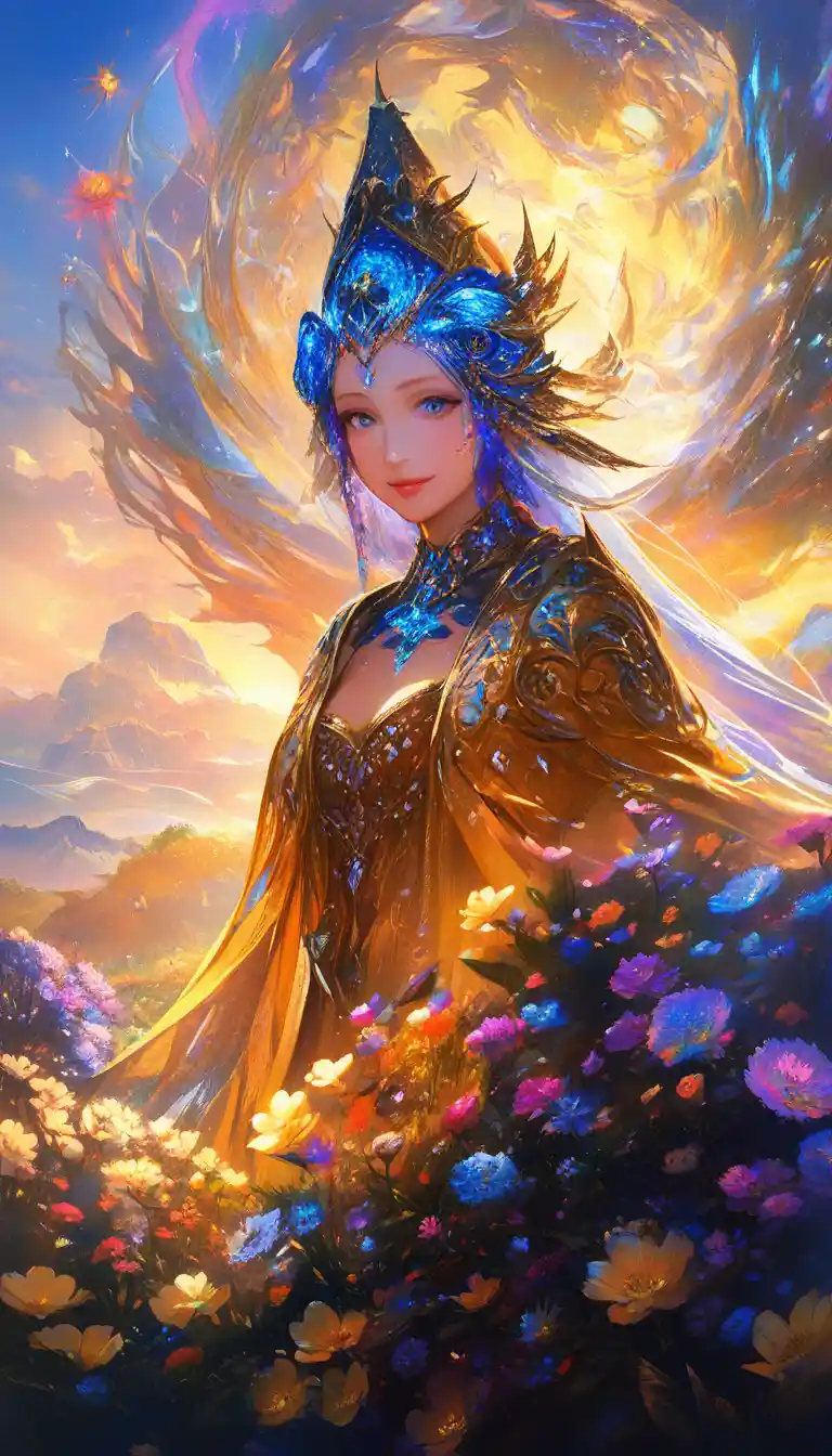 晴れた空の下で花柄の衣装を着て微笑む少女