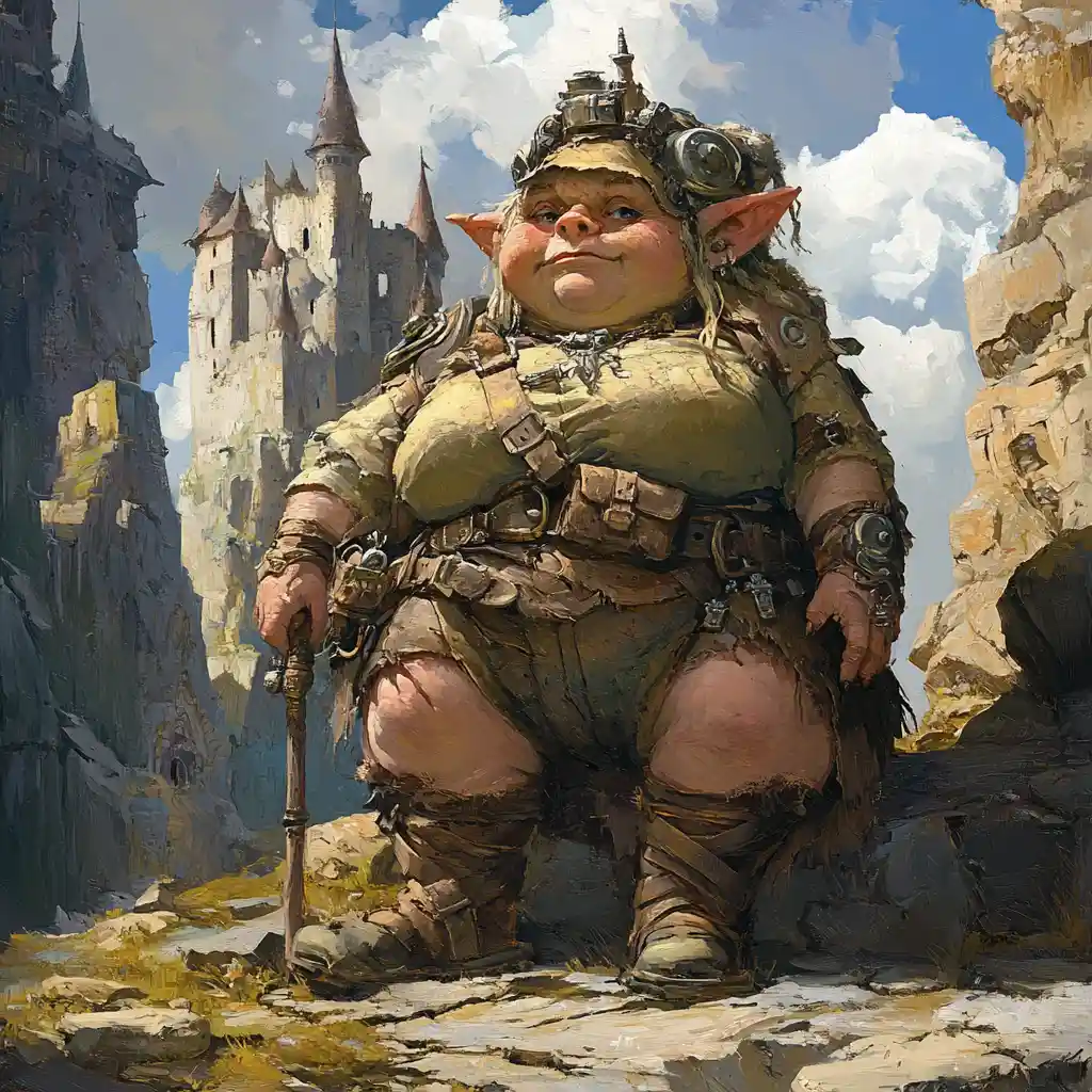 Reine troll royale devant un vaste château fantastique en pierre