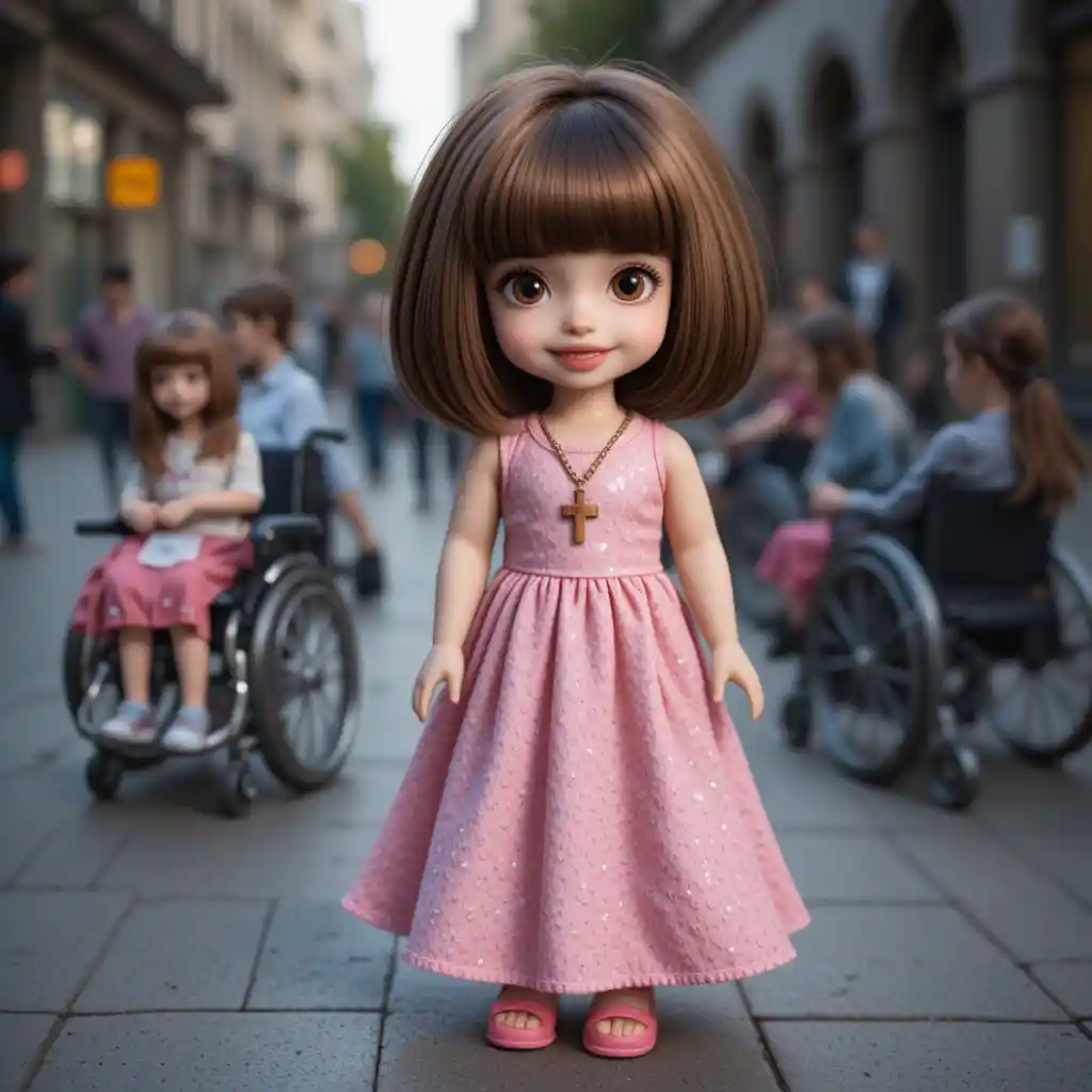 Boneca de vestido rosa em pé na calçada da cidade