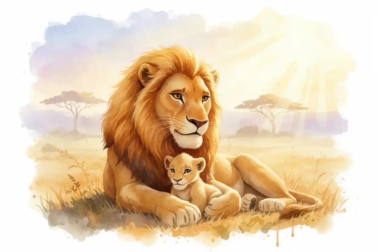 Filhote de leão aninhado à mãe em uma savana ao amanhecer