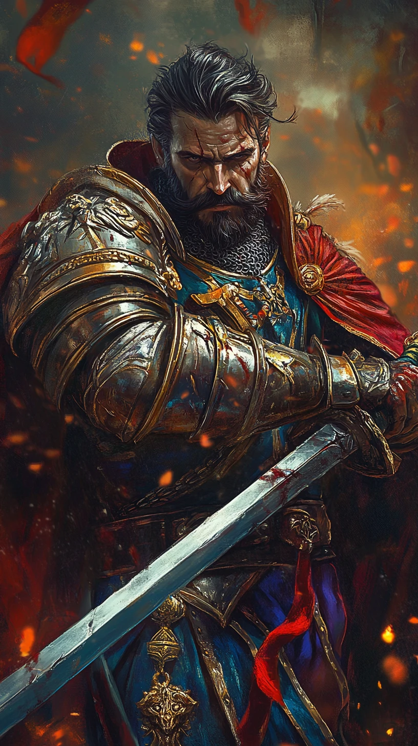 Guerrero de fantasía anime en clásica postura de duelo medieval