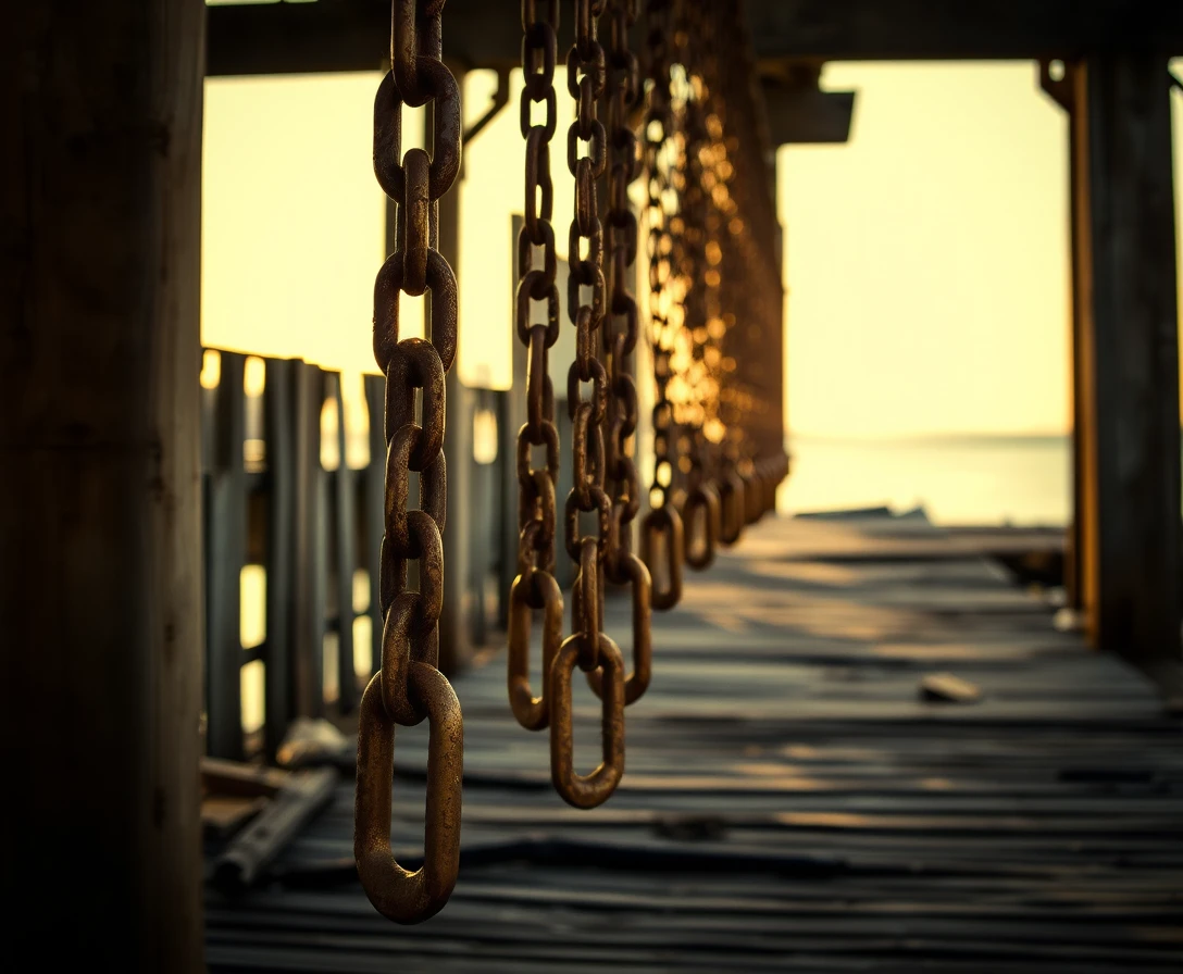 Rostige Ketten unter einem verfallenden Holzpier