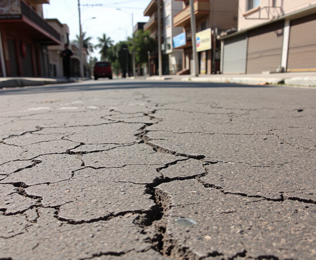 Strada urbana crepata sotto il duro sole di mezzogiorno in via deserta