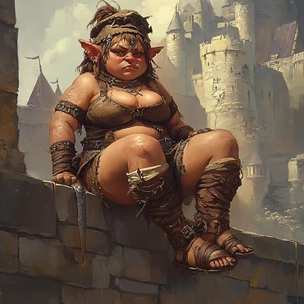Reine troll royale en tunique de cuir devant un château de pierre