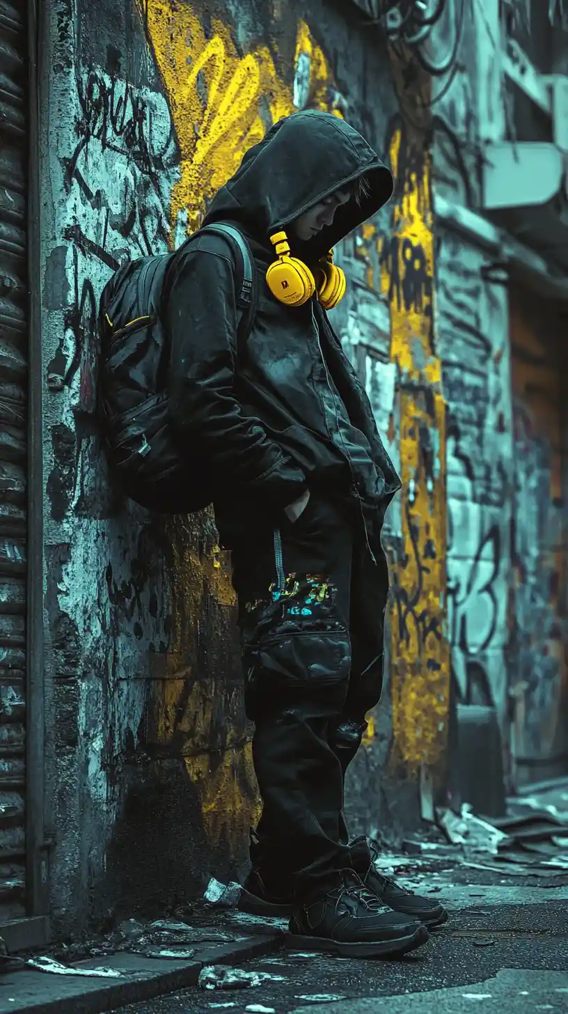 Young man with yellow headphones in graffiti alley