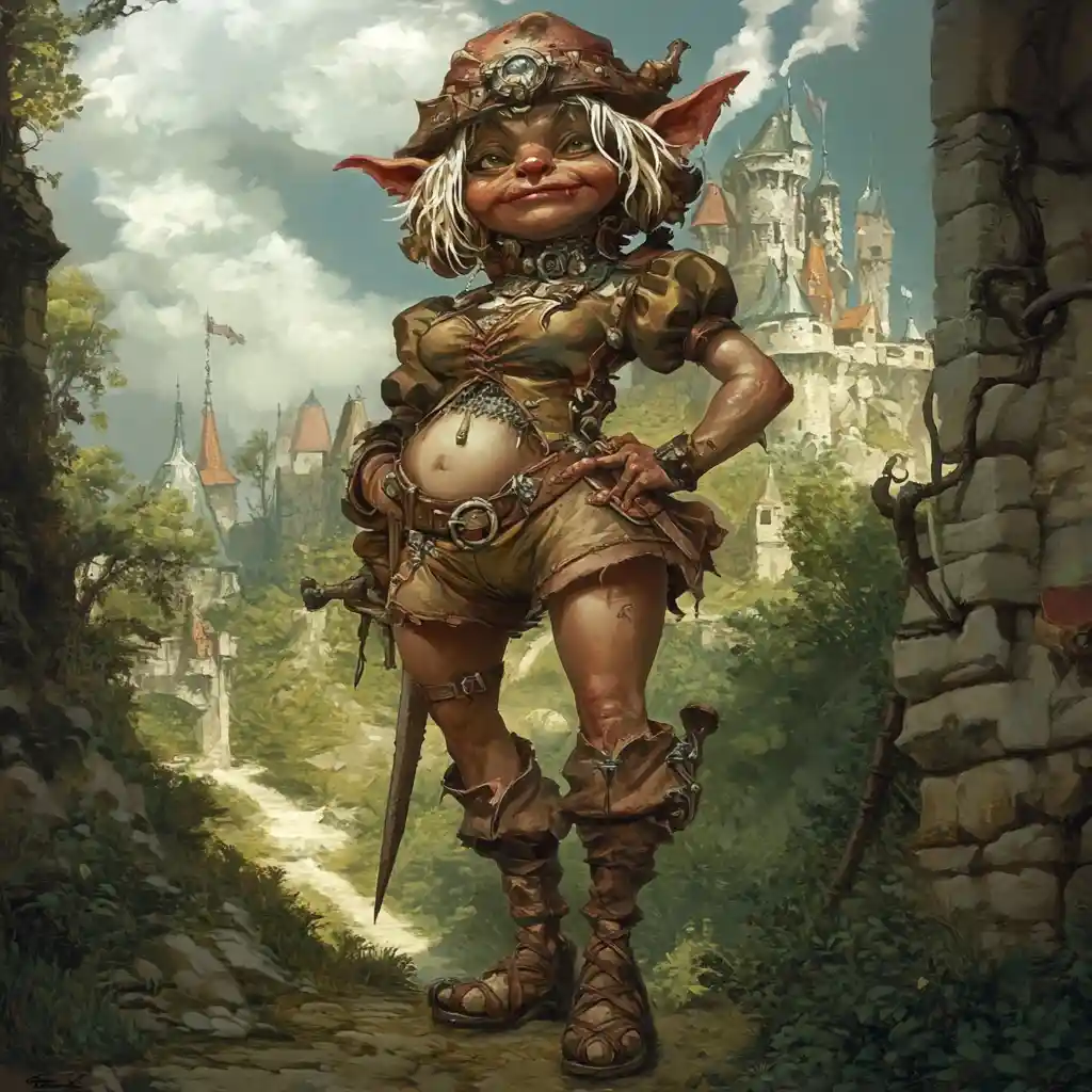 Reine troll royale en tunique de cuir devant un château de pierre