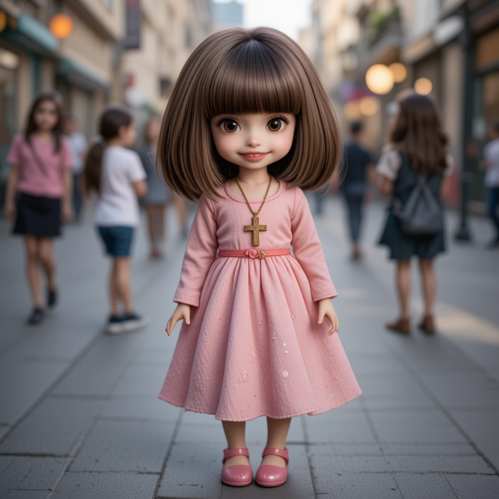 Boneca de cabelo castanho com vestido rosa na calçada da cidade