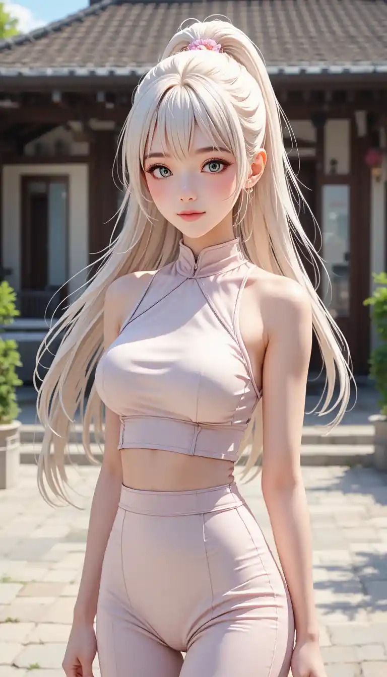 Donna anime in moda K-pop in una scena esterna soleggiata