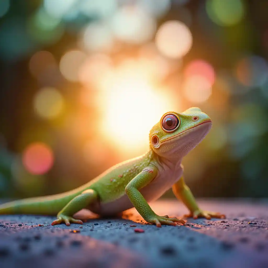 Colorful gecko against tropical sunset bokeh lights