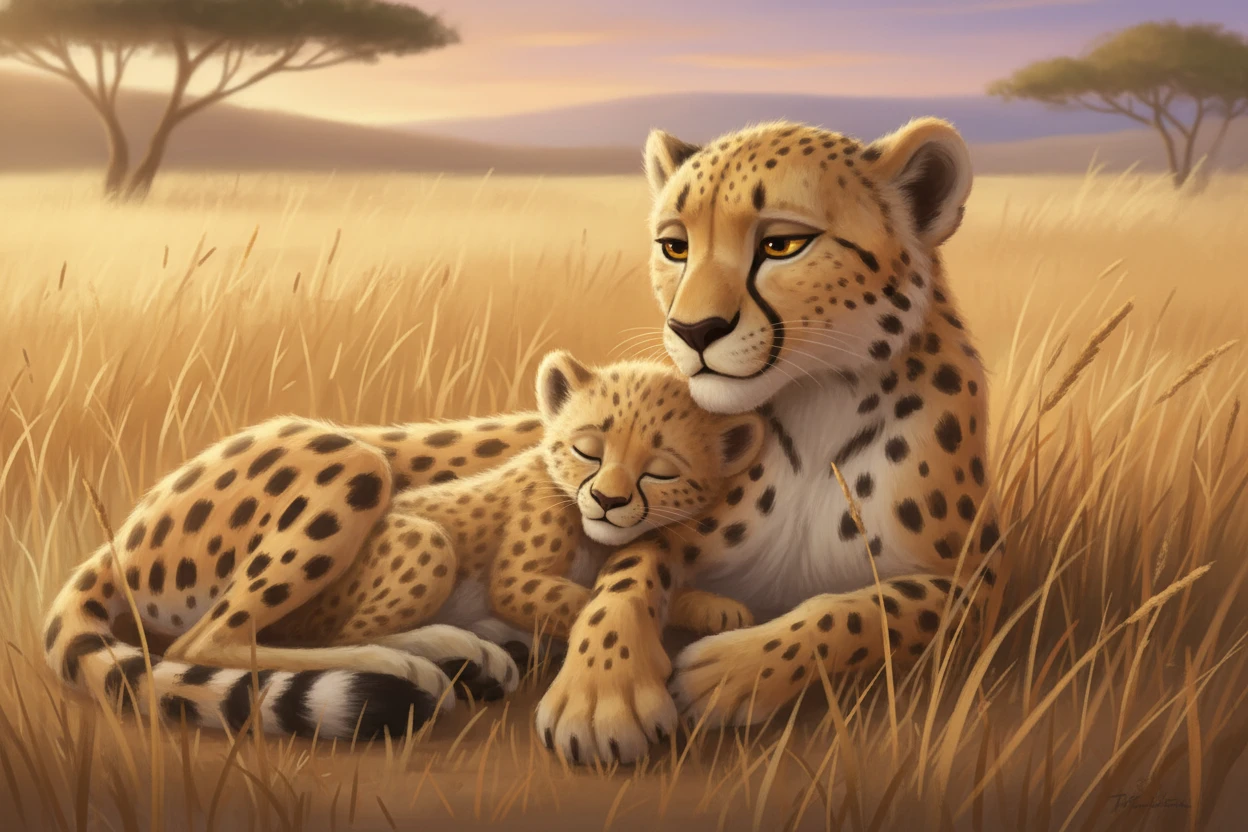 Baby cheetah cuddling against mother in warm savanna dusk