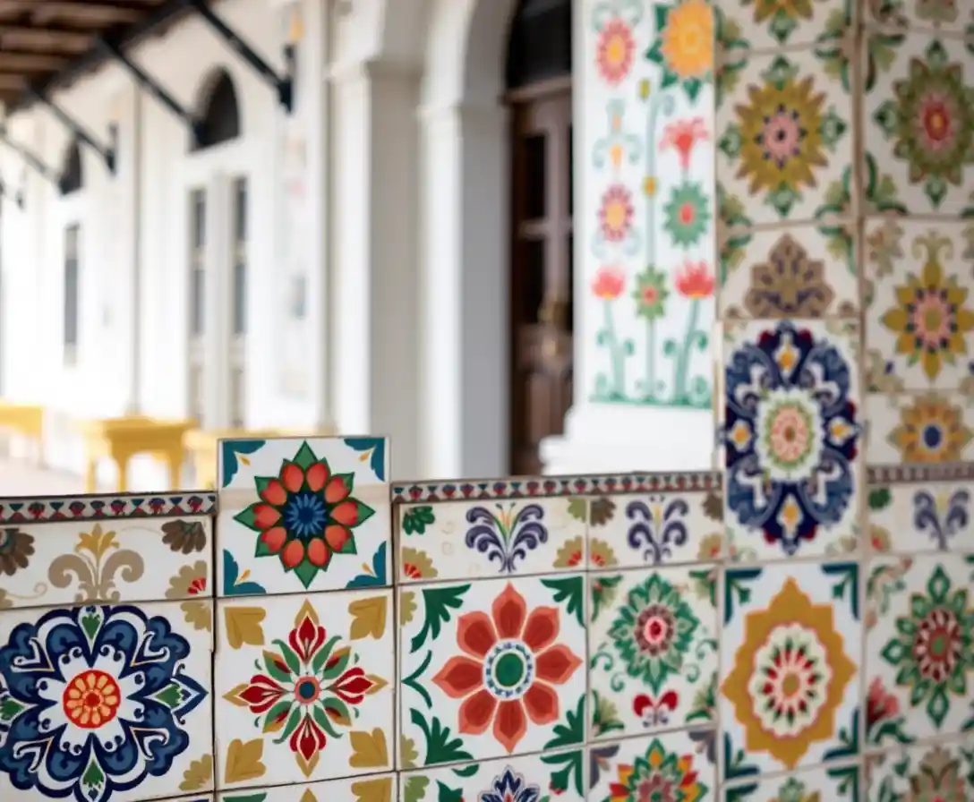 Colorful ceramic tiles on a colonial building facade