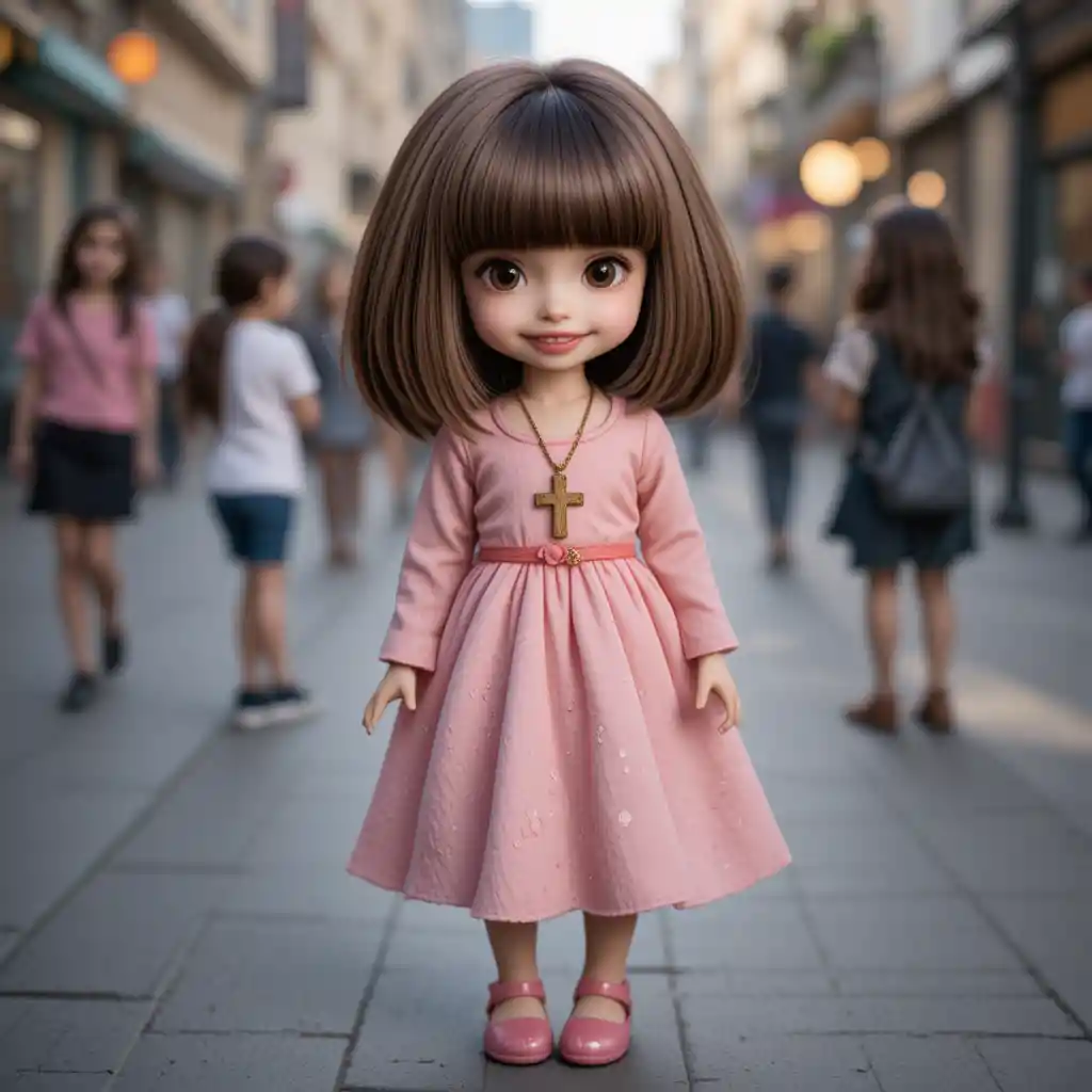 Boneca de cabelo castanho com vestido rosa na calçada da cidade