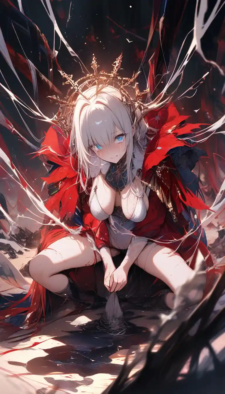 Garota princesa de anime chorando agachada em um palácio em ruínas