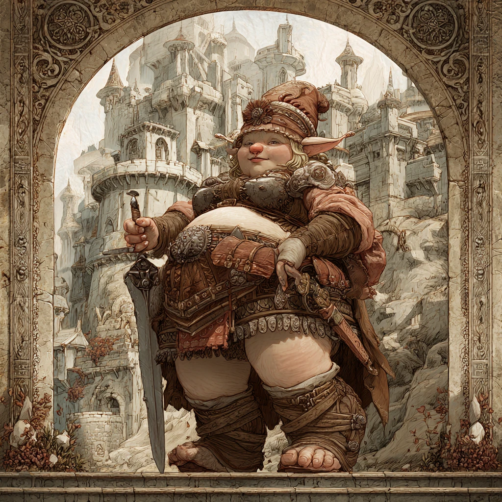 Reine troll steampunk devant un grand château fantastique en pierre