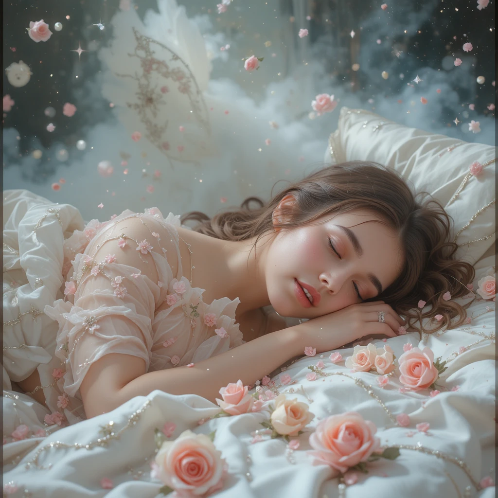 Figura romantica distesa su un surreale letto di rose