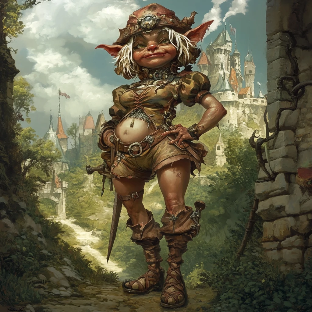 Reine troll royale en tunique de cuir devant un château de pierre