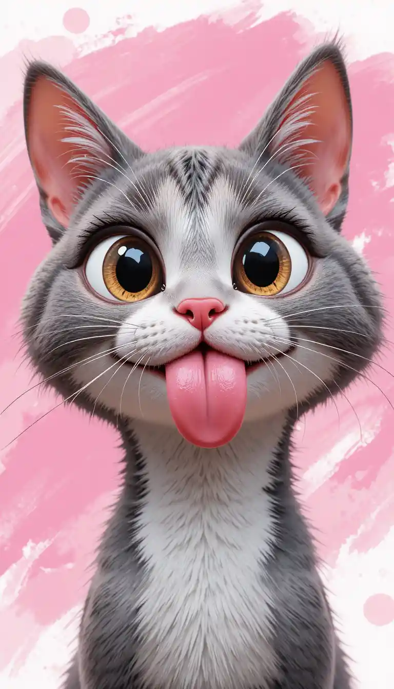 Retrato de gato desenho animado brincalhão de língua de fora em rosa