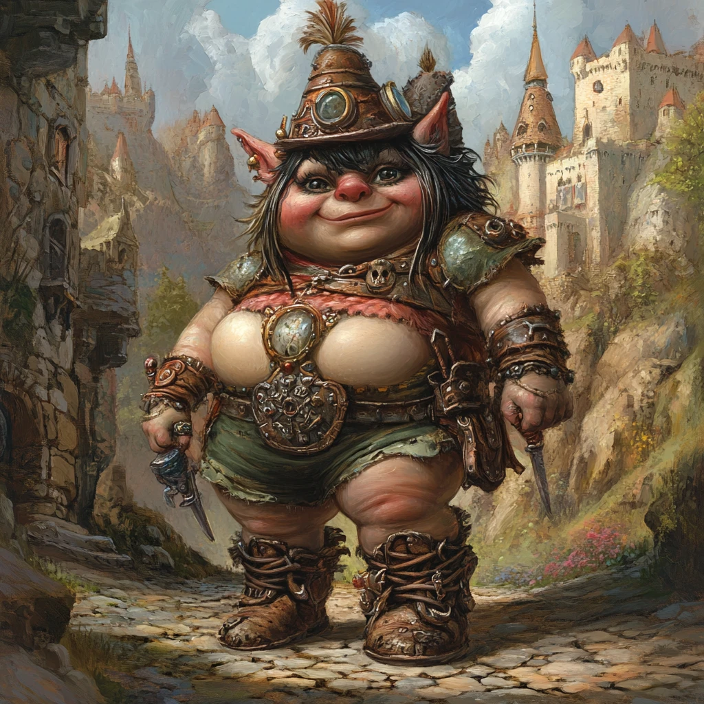Reine troll royale devant un imposant château de pierre fantastique
