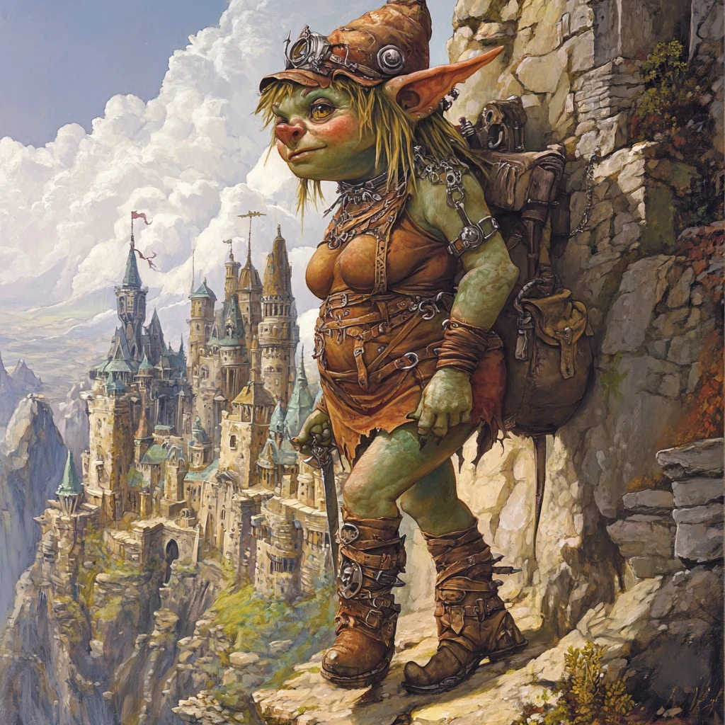 Rainha troll régia diante de um imponente castelo de pedra fantástico