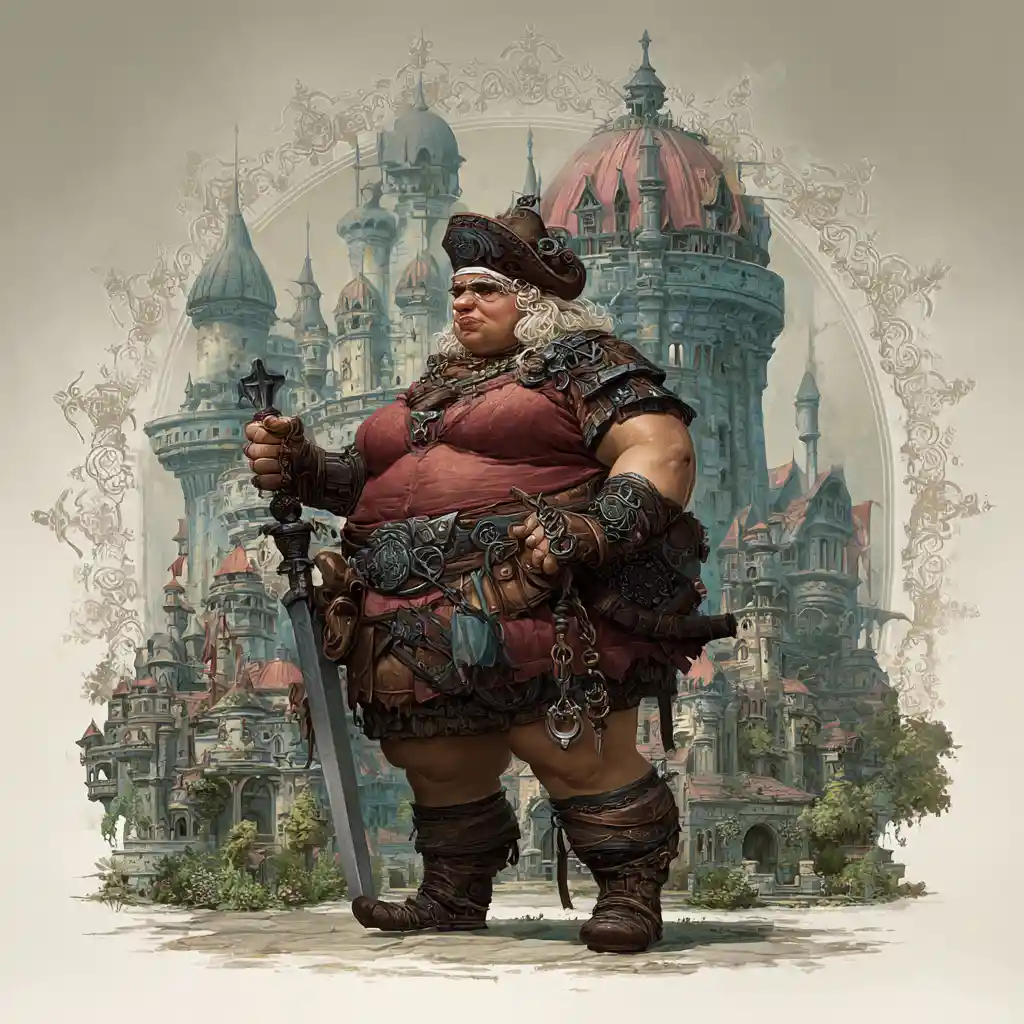 Reine troll royale en armure de cuir devant un château de pierre