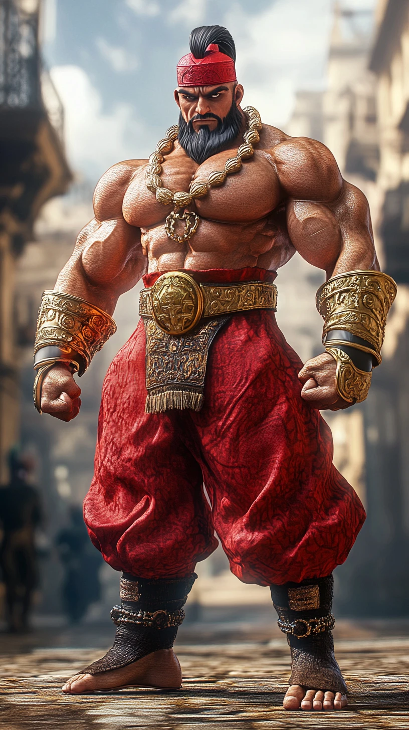 Enorme guerreiro russo em suntuosa postura de batalha em anime vermelho