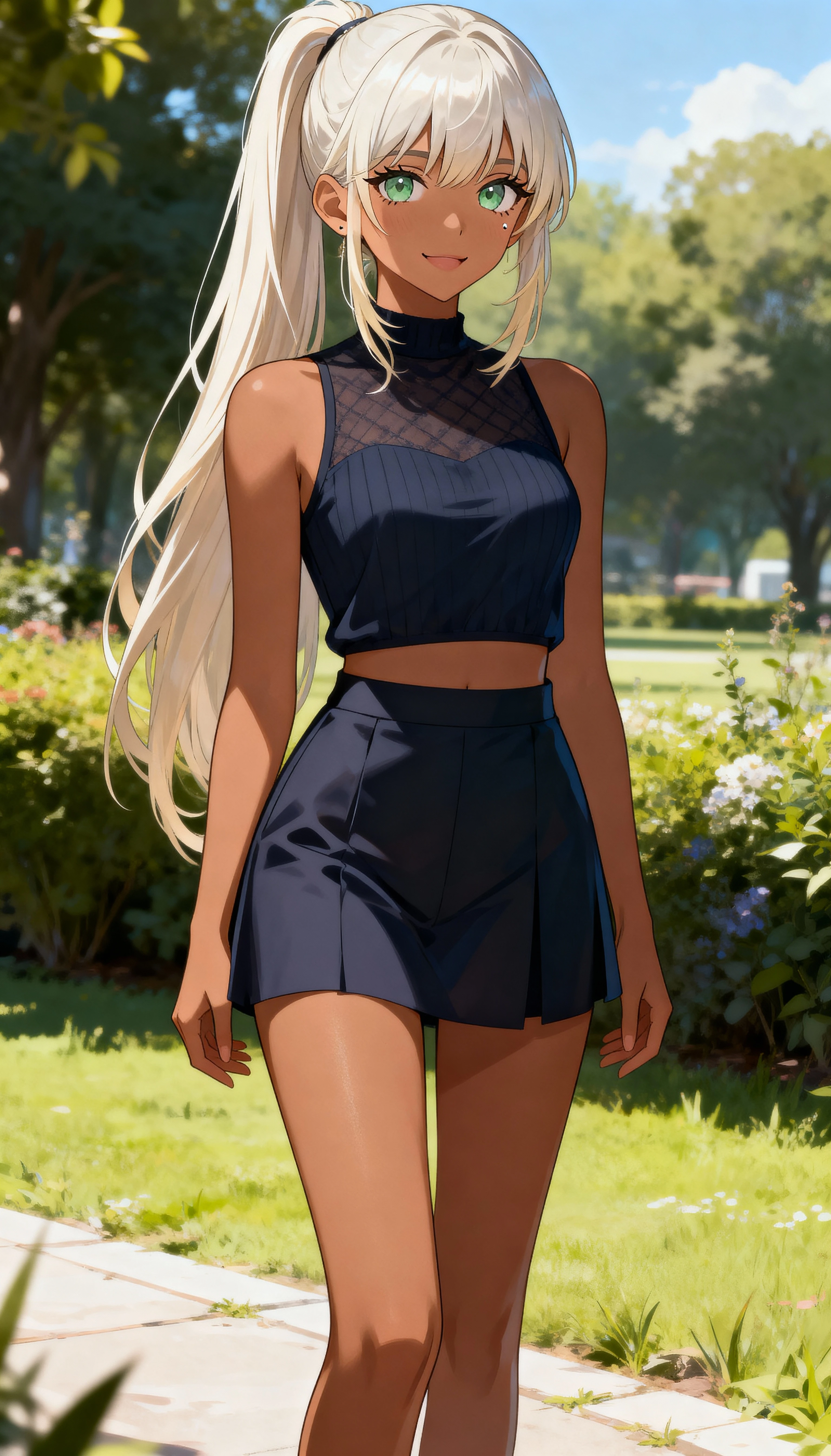 Donna anime sicura di sé con moda ispirata al K‑pop all’aperto