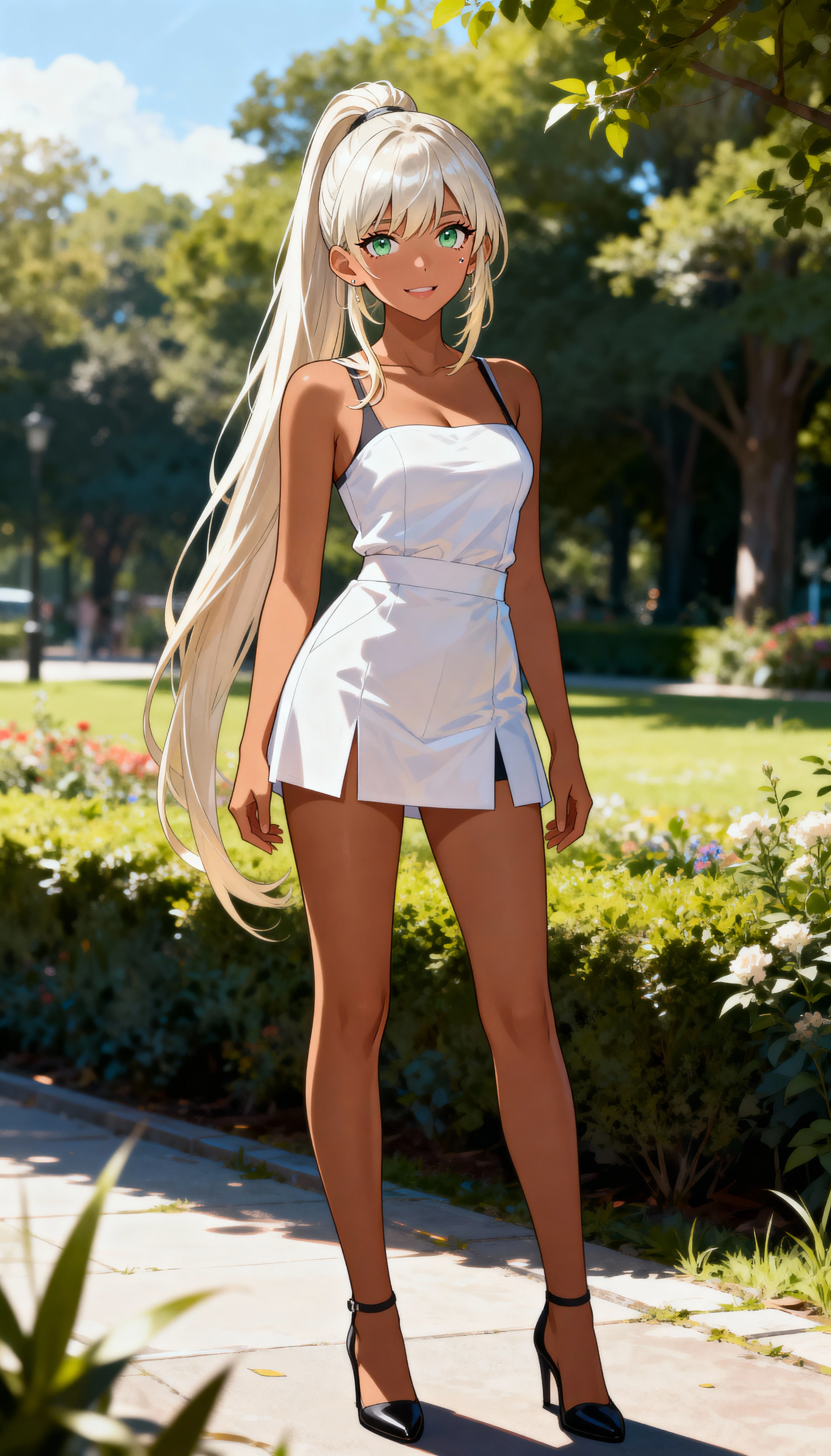 Anime woman standing outdoors in bright sunlit scene