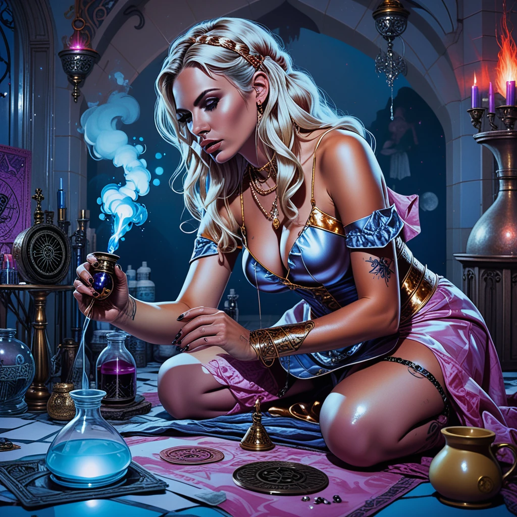 カラフルな中世風の店でポーションを作る金髪の魔女