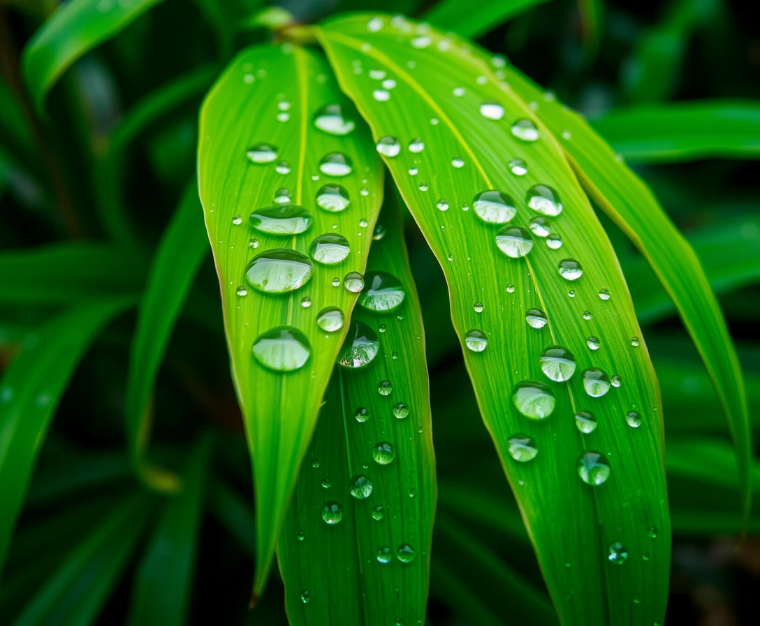 Gotas de água em folhas verdes frescas sob luz suave de jardim