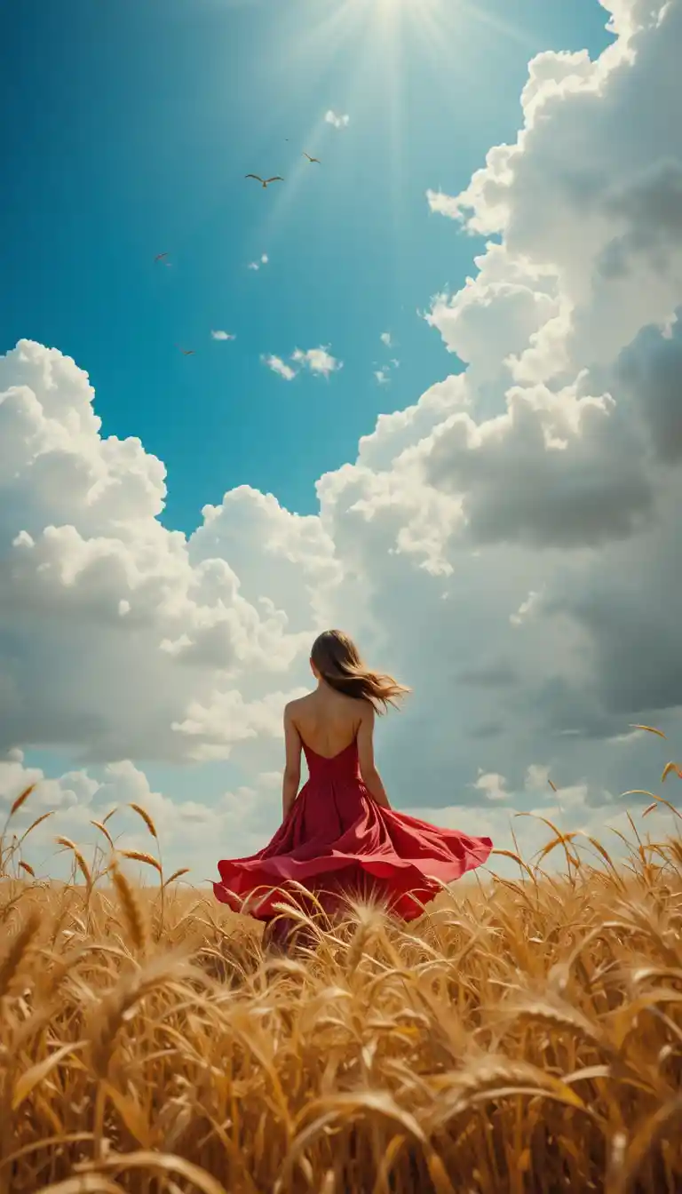 Woman in red dress standing in golden wheat field