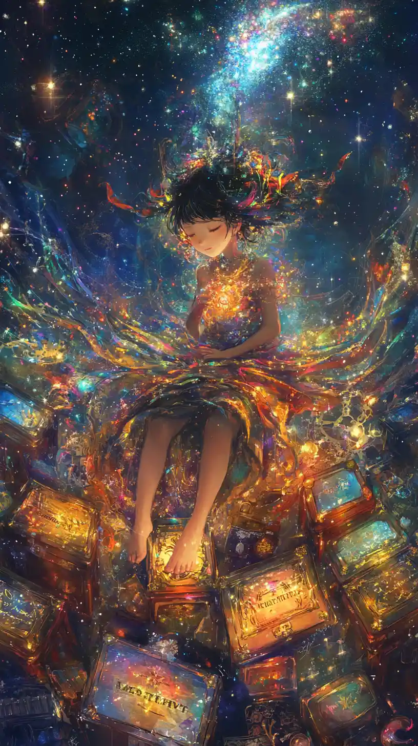 Ragazza anime che danza in un luminoso regno fantastico di tesori