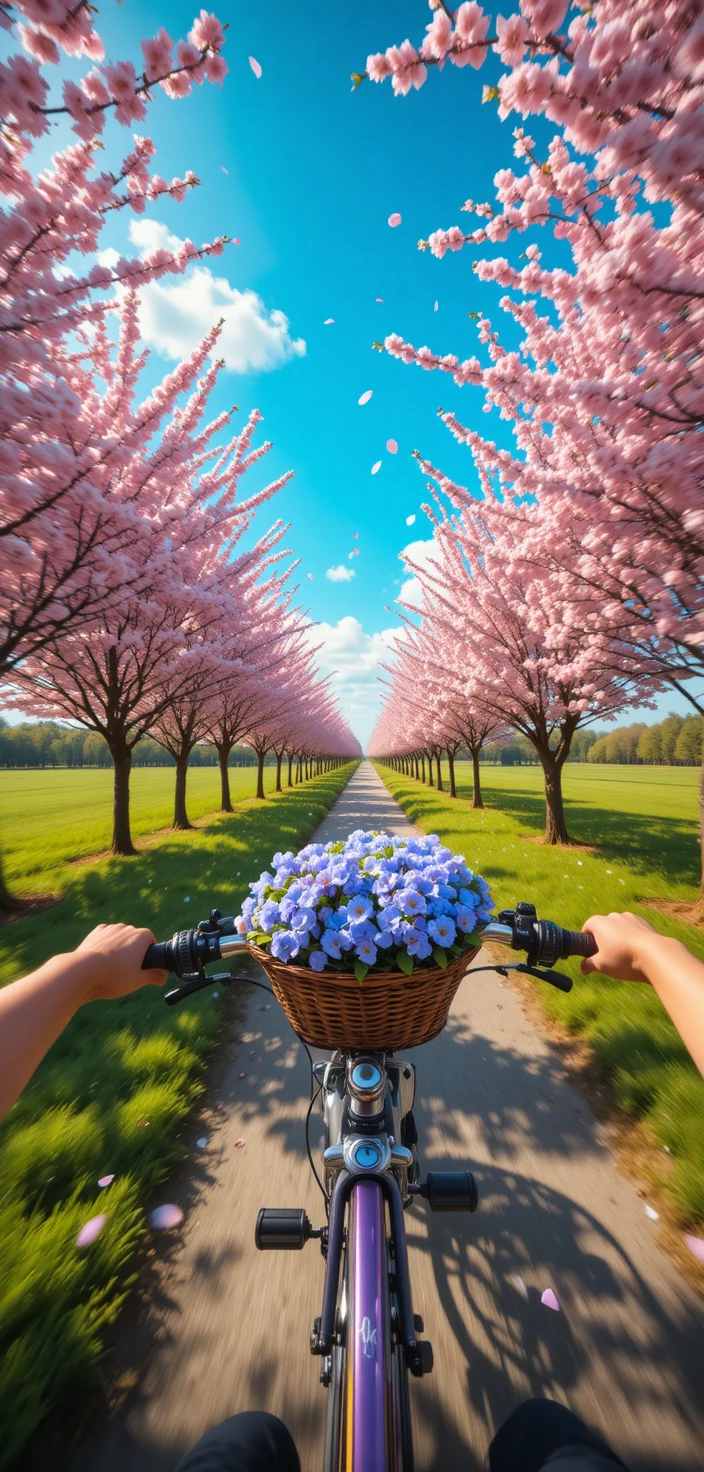 Passeio de bicicleta na primavera por uma estrada rural florida