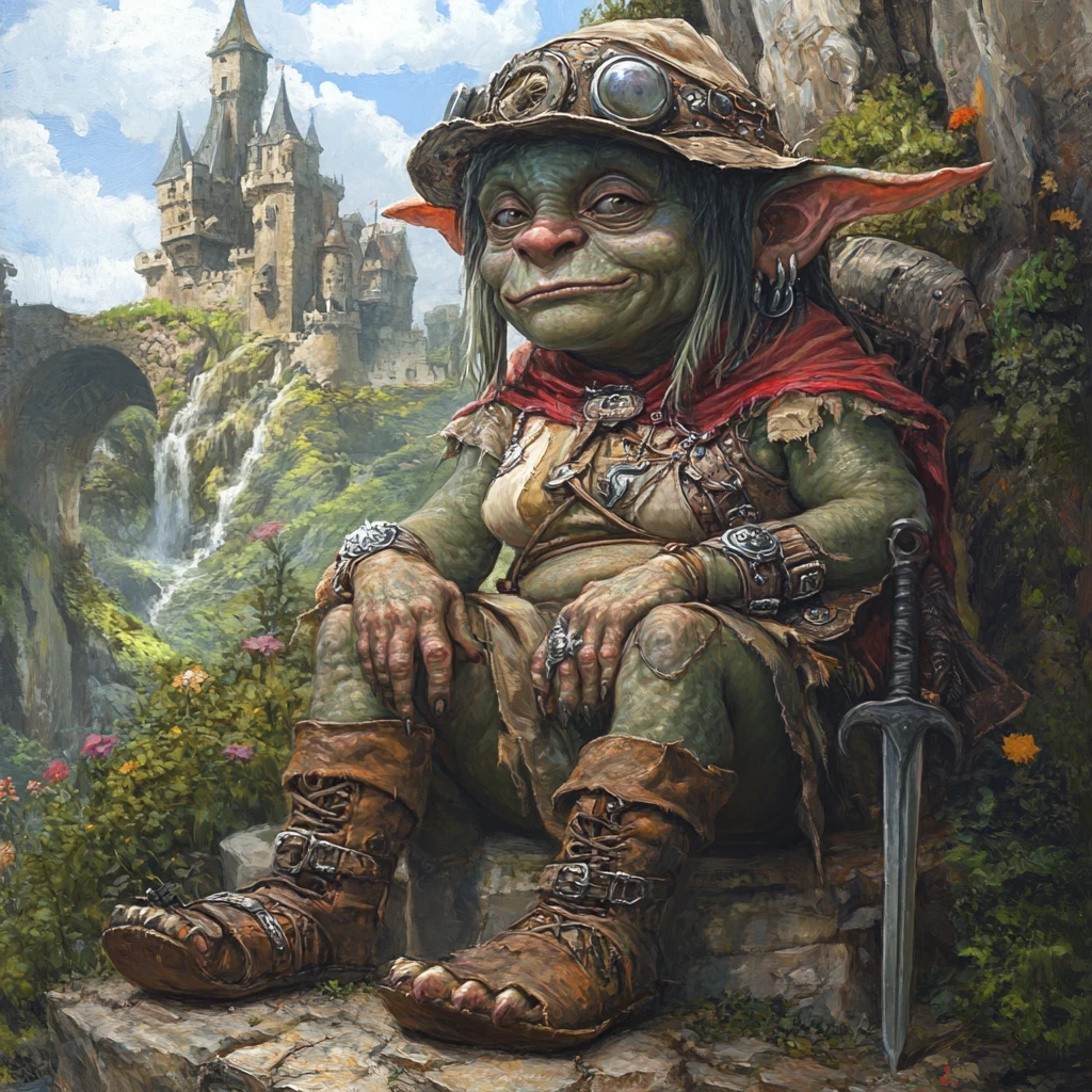 Reine troll steampunk devant un imposant château fantastique en pierre