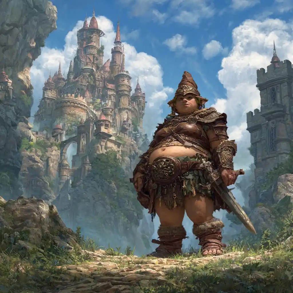 Reine troll steampunk en tunique de cuir devant un château fantastique en pierre