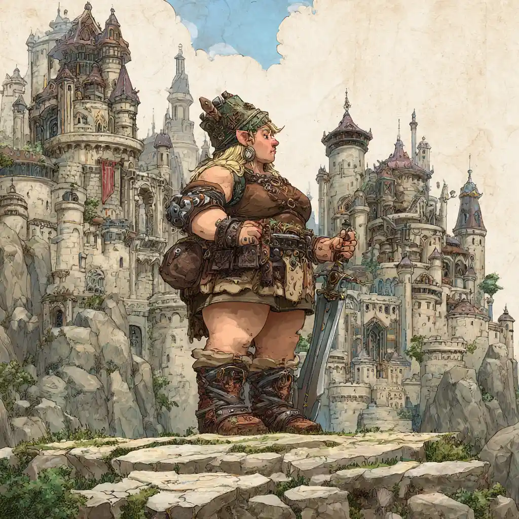 Rainha troll régia diante de um imenso castelo de pedra fantástico