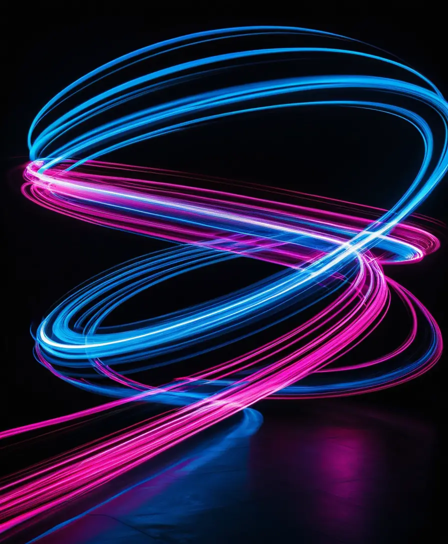 Bunte Neon-Lichtspuren, die durch den dunklen Raum fließen