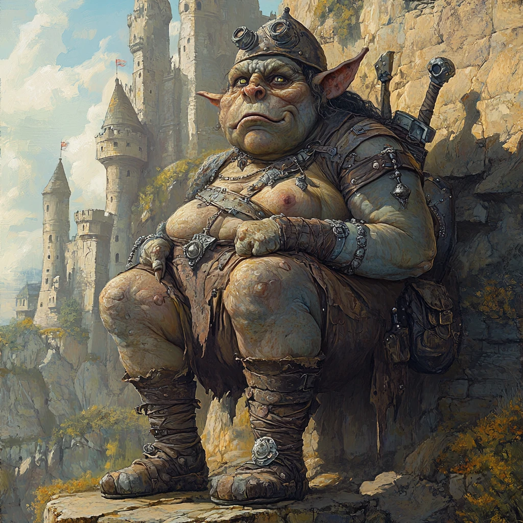 Regal troll queen before a massive boulder fantasy castle