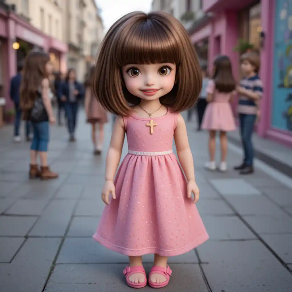 Boneca de cabelo castanho com vestido rosa em uma calçada da cidade