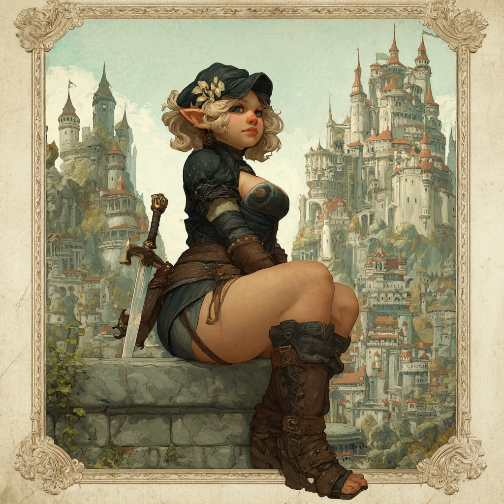 Rainha troll steampunk diante de um enorme castelo de rochas