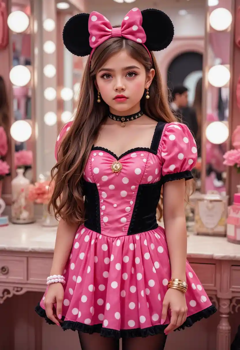 Menino pré-adolescente fantasiado de Minnie Mouse em penteadeira de boutique