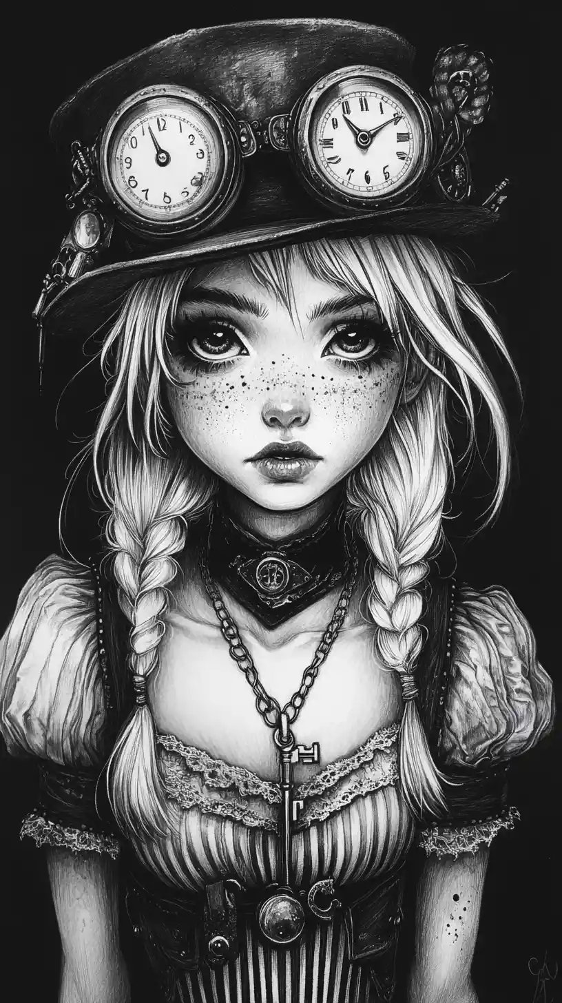 Gothic steampunk girl portrait in detailed pencil drawing