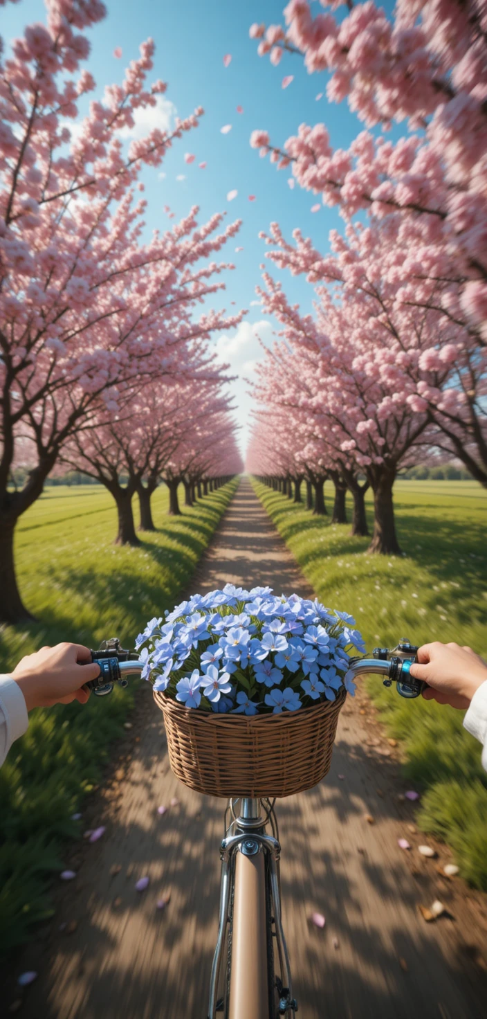 Passeio de bicicleta na primavera por uma estrada campestre florida