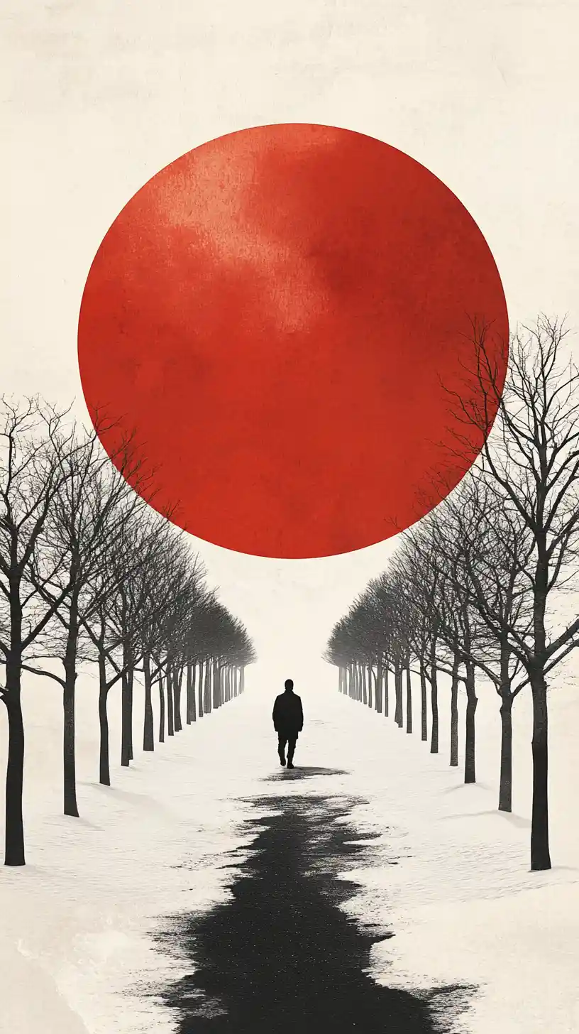 Lone figure walking a snowy path toward a red sun
