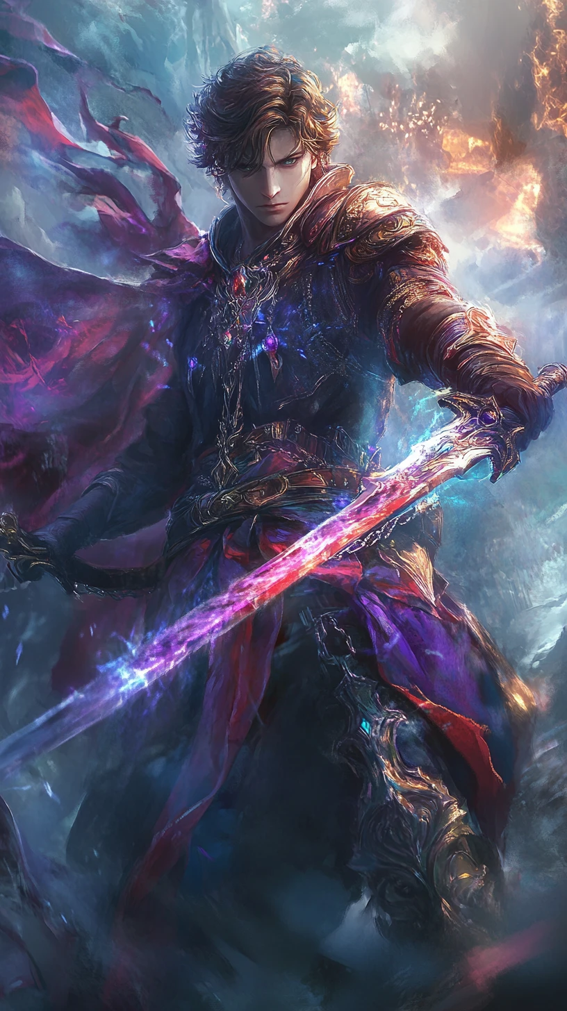 Guerrier fantasy en style anime en pose de duel dramatique
