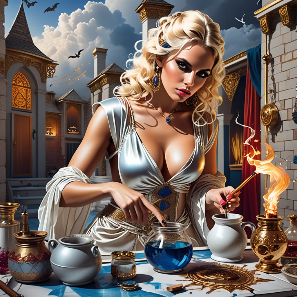 カラフルな中世の店で薬を調合する金髪の魔女
